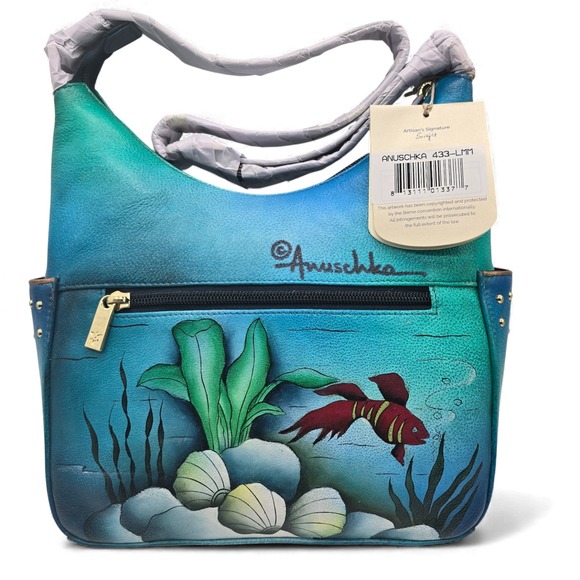 Anuschka Hand‎ Painted Hobo Bag – Blue Mermaid, Leather Purse, 9"x8.25"x4.75" - Picture 3 of 16
